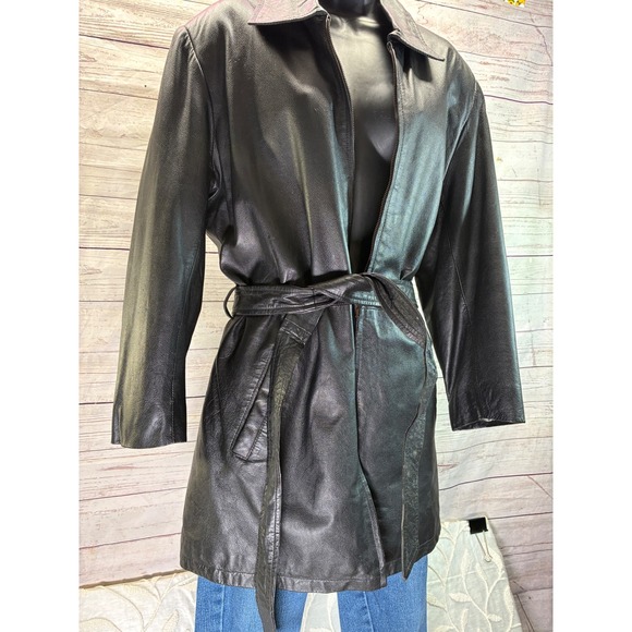 Midnight Velvet Jackets & Blazers - Y2K Vintage Midnight Velvet Belted Zip Leather Jacket Grunge Trench Large Black